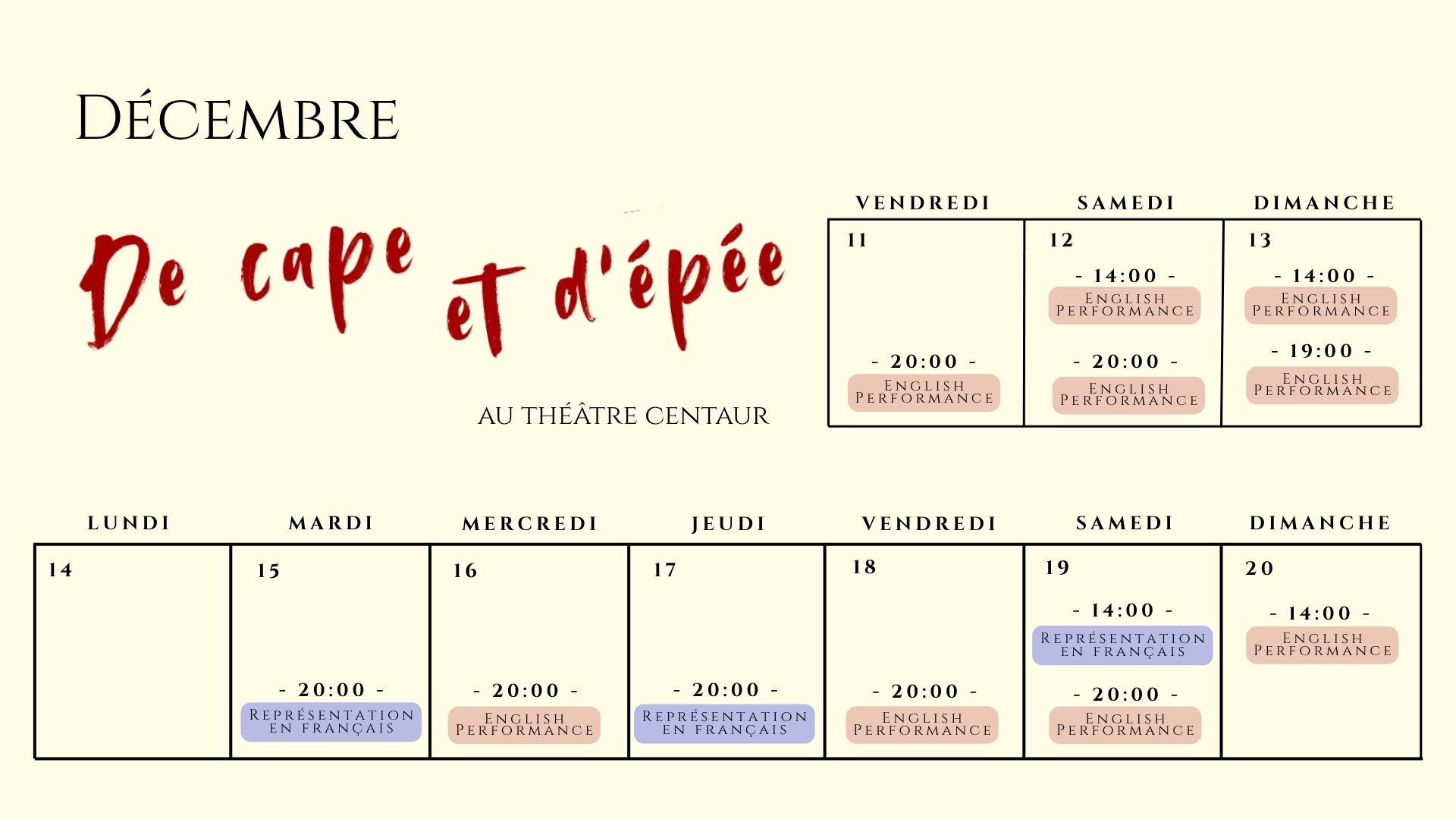 Calendrier de "De cape et d'épée"